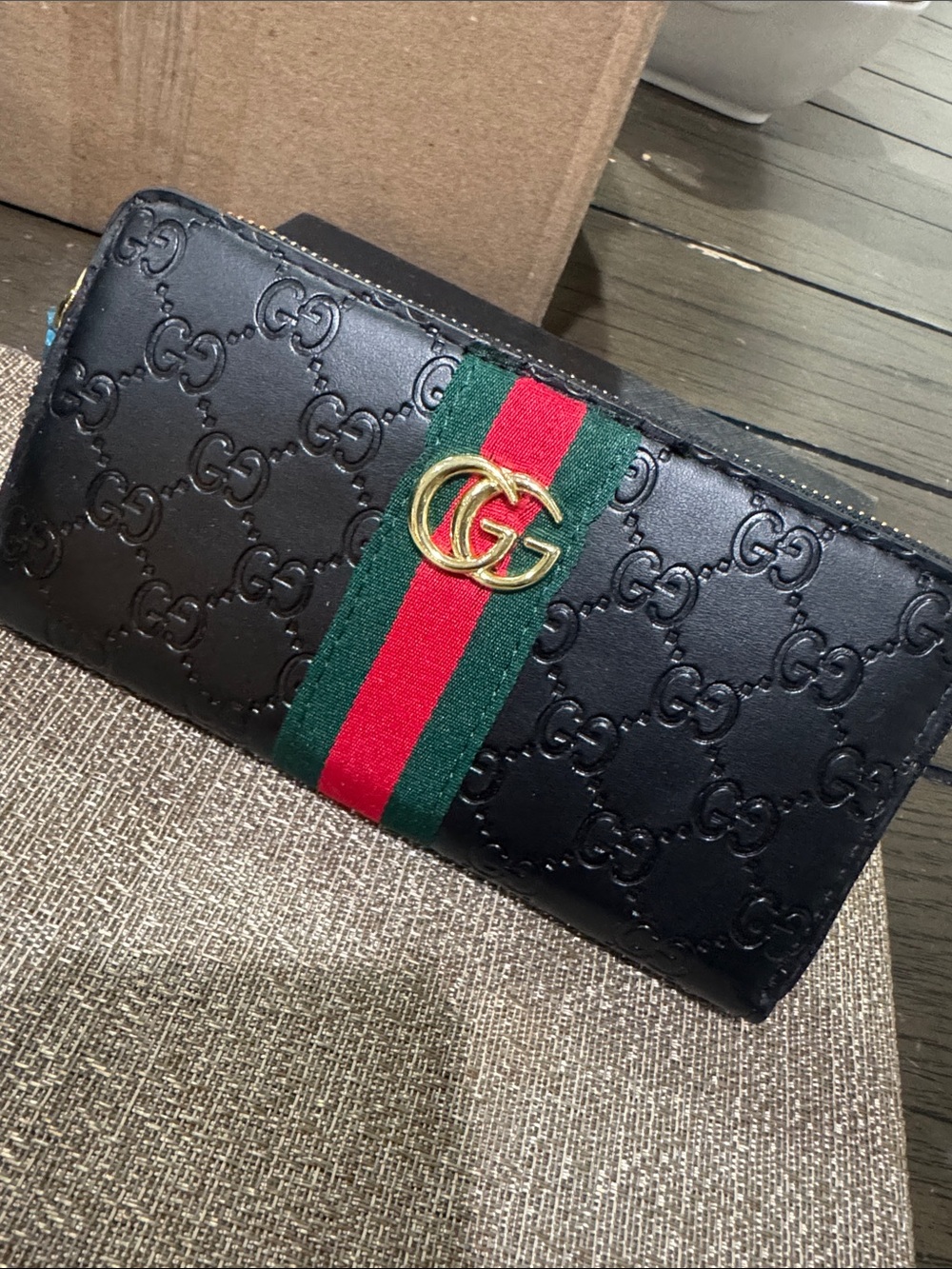 Black Embossed GG Leather Zip Wallet with Green-Red Web and Gold Hardware
